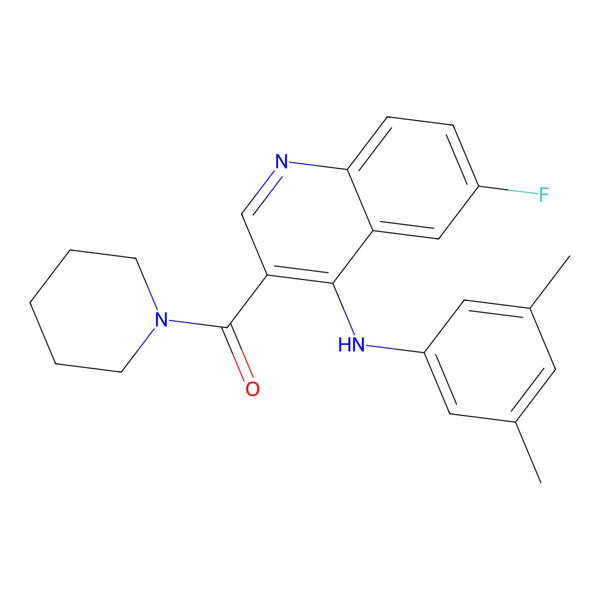(4-((3,5-Dimethylphenyl)amino)-6-fluoroquinolin-3-yl)(piperidin-1-yl)methanone molecular structure, CAS 1189911-64-5