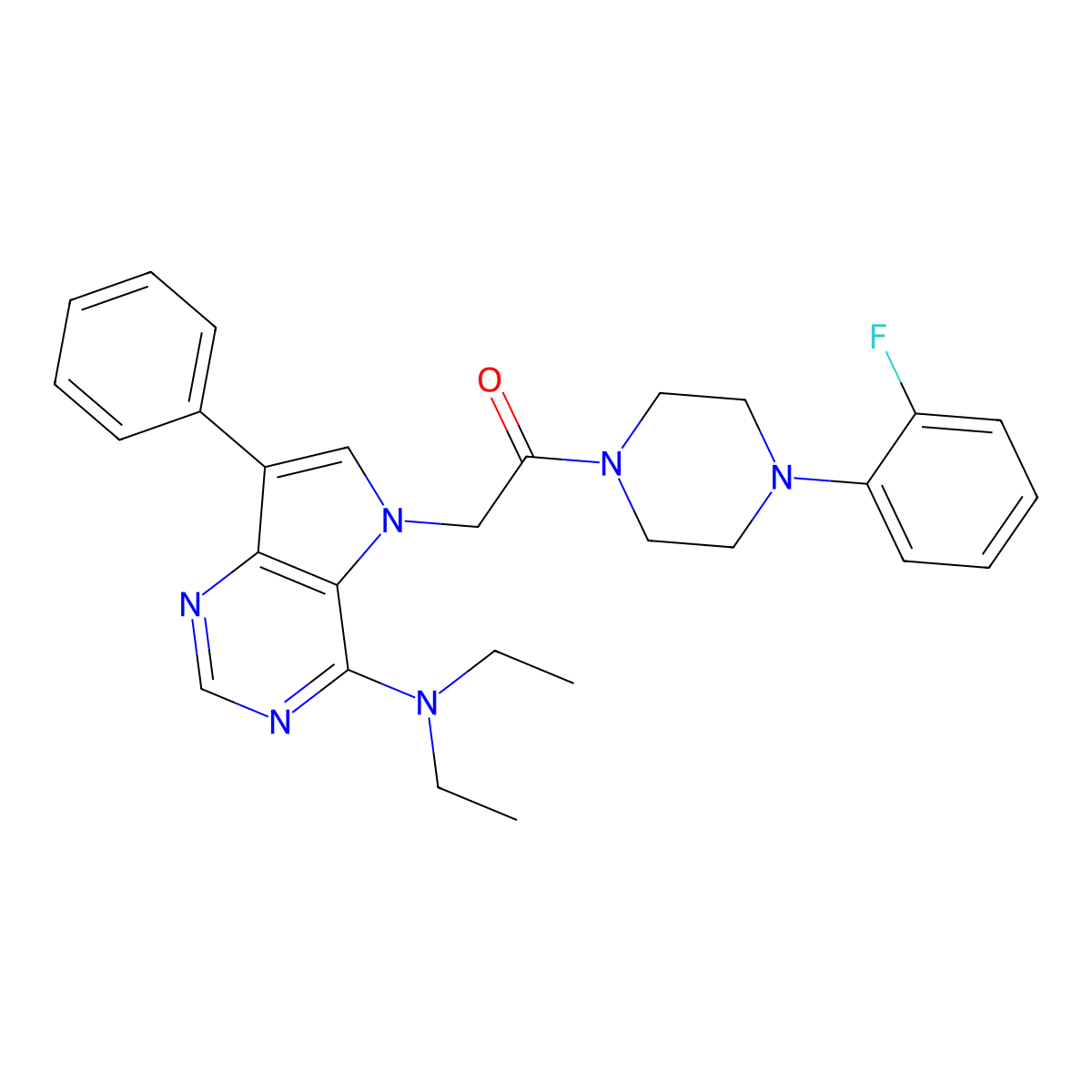 2-[4-(diethylamino)-7-phenyl-5H-pyrrolo[3,2-d]pyrimidin-5-yl]-1-[4-(2-fluorophenyl)piperazin-1-yl]ethan-1-one molecular structure, CAS 1189912-02-4