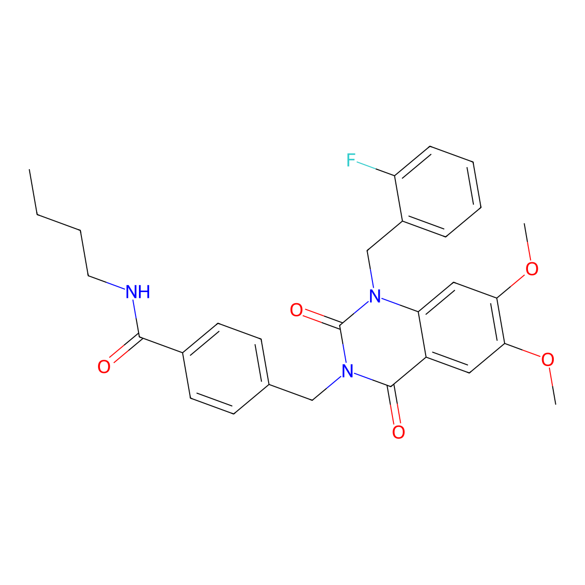 N-butyl-4-((1-(2-fluorobenzyl)-6,7-dimethoxy-2,4-dioxo-1,2-dihydroquinazolin-3(4H)-yl)methyl)benzamide molecular structure, CAS 1189912-32-0