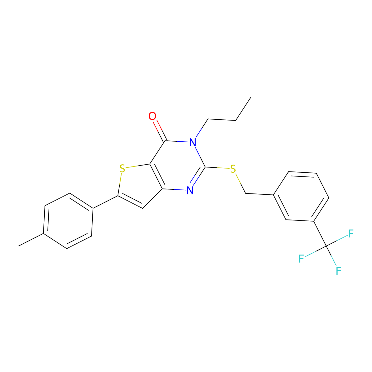 3-propyl-6-(p-tolyl)-2-((3-(trifluoromethyl)benzyl)thio)thieno[3,2-d]pyrimidin-4(3H)-one molecular structure, CAS 1189912-79-5