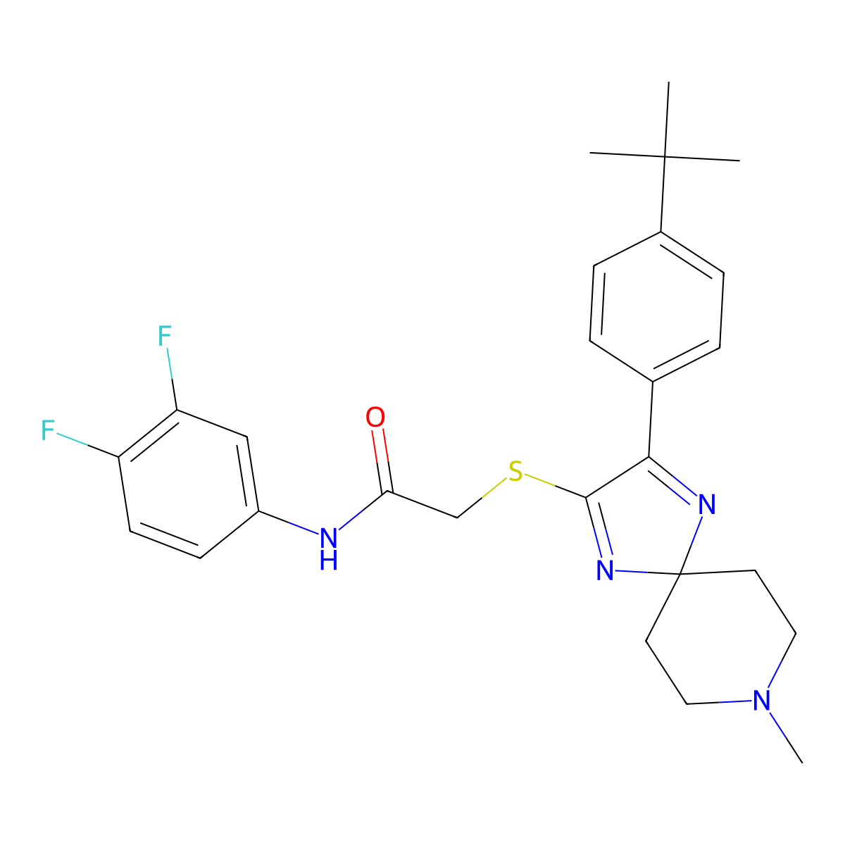 2-{[3-(4-tert-butylphenyl)-8-methyl-1,4,8-triazaspiro[4.5]deca-1,3-dien-2-yl]sulfanyl}-N-(3,4-difluorophenyl)acetamide molecular structure, CAS 1189913-29-8
