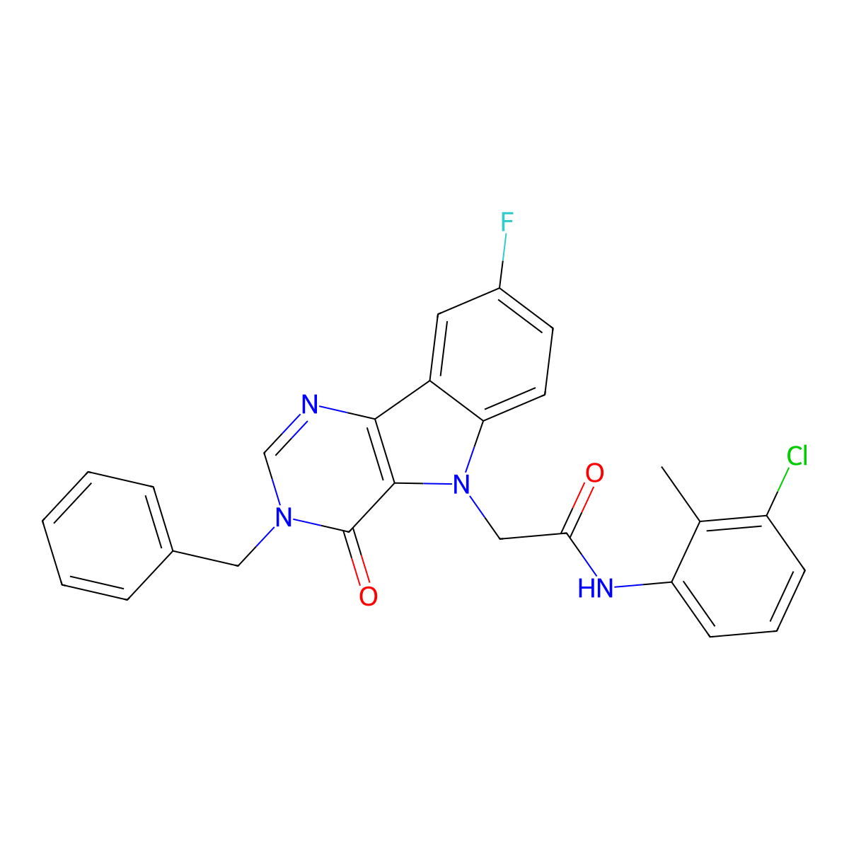 2-(3-benzyl-8-fluoro-4-oxo-3H-pyrimido[5,4-b]indol-5(4H)-yl)-N-(3-chloro-2-methylphenyl)acetamide molecular structure, CAS 1189915-53-4