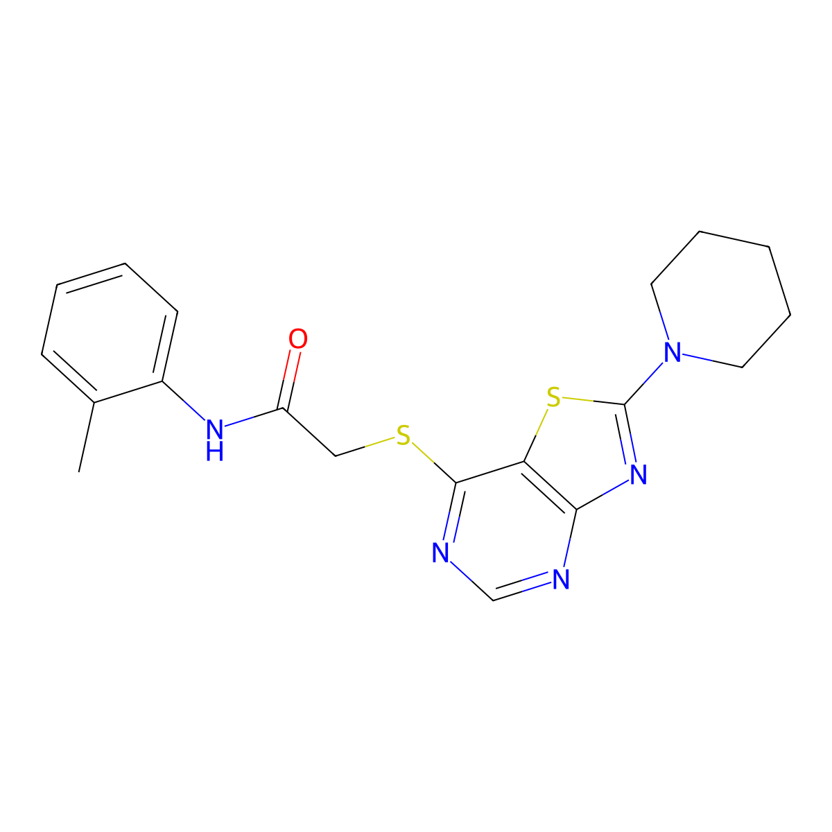 2-((2-(piperidin-1-yl)thiazolo[4,5-d]pyrimidin-7-yl)thio)-N-(o-tolyl)acetamide molecular structure, CAS 1189915-85-2