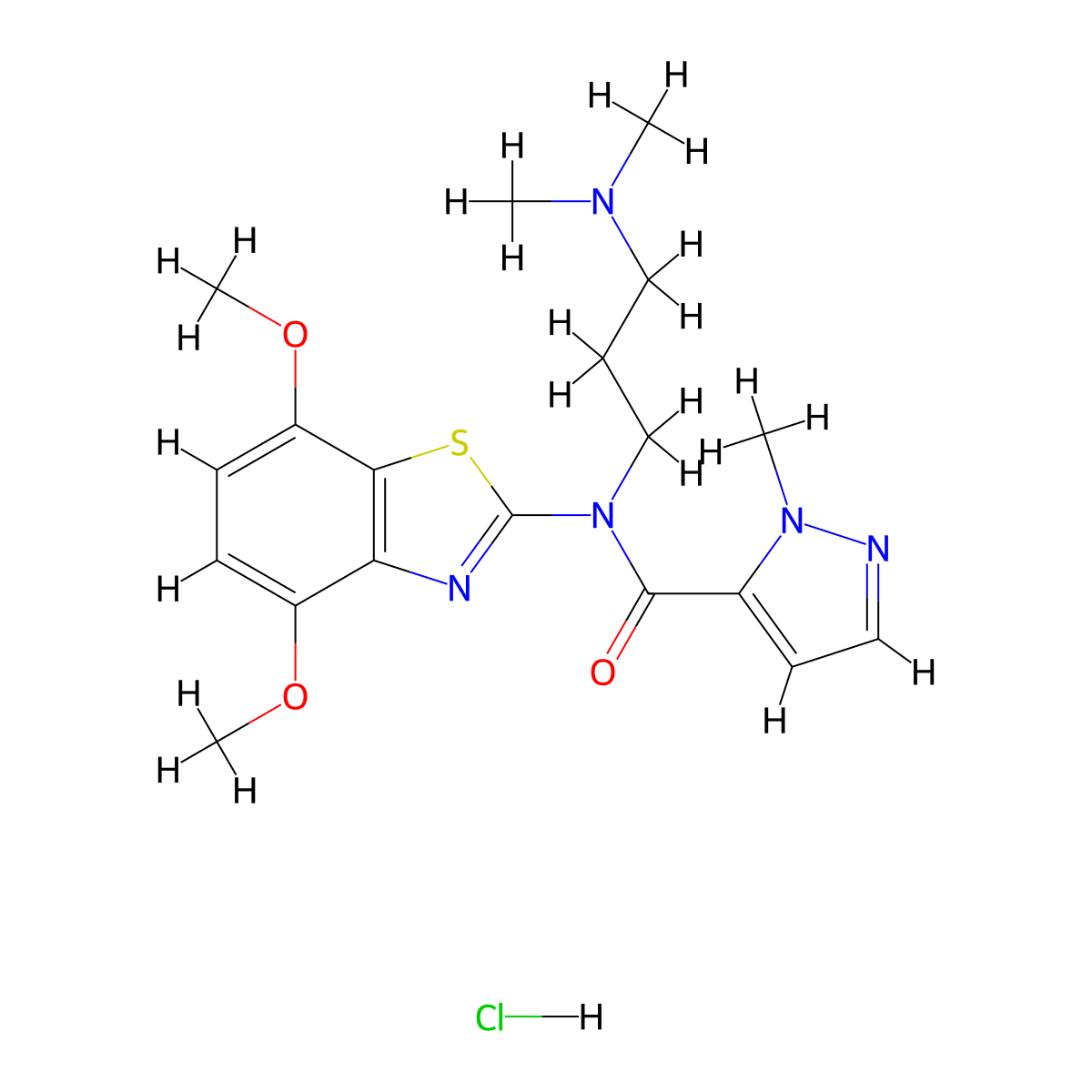 N-(4,7-dimethoxybenzo[d]thiazol-2-yl)-N-(3-(dimethylamino)propyl)-1-methyl-1H-pyrazole-5-carboxamide hydrochloride molecular structure, CAS 1189916-28-6