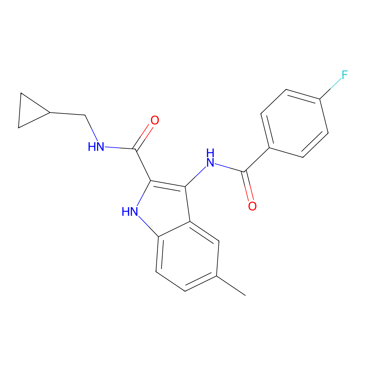 N-(cyclopropylmethyl)-3-(4-fluorobenzamido)-5-methyl-1H-indole-2-carboxamide molecular structure, CAS 1189918-00-0