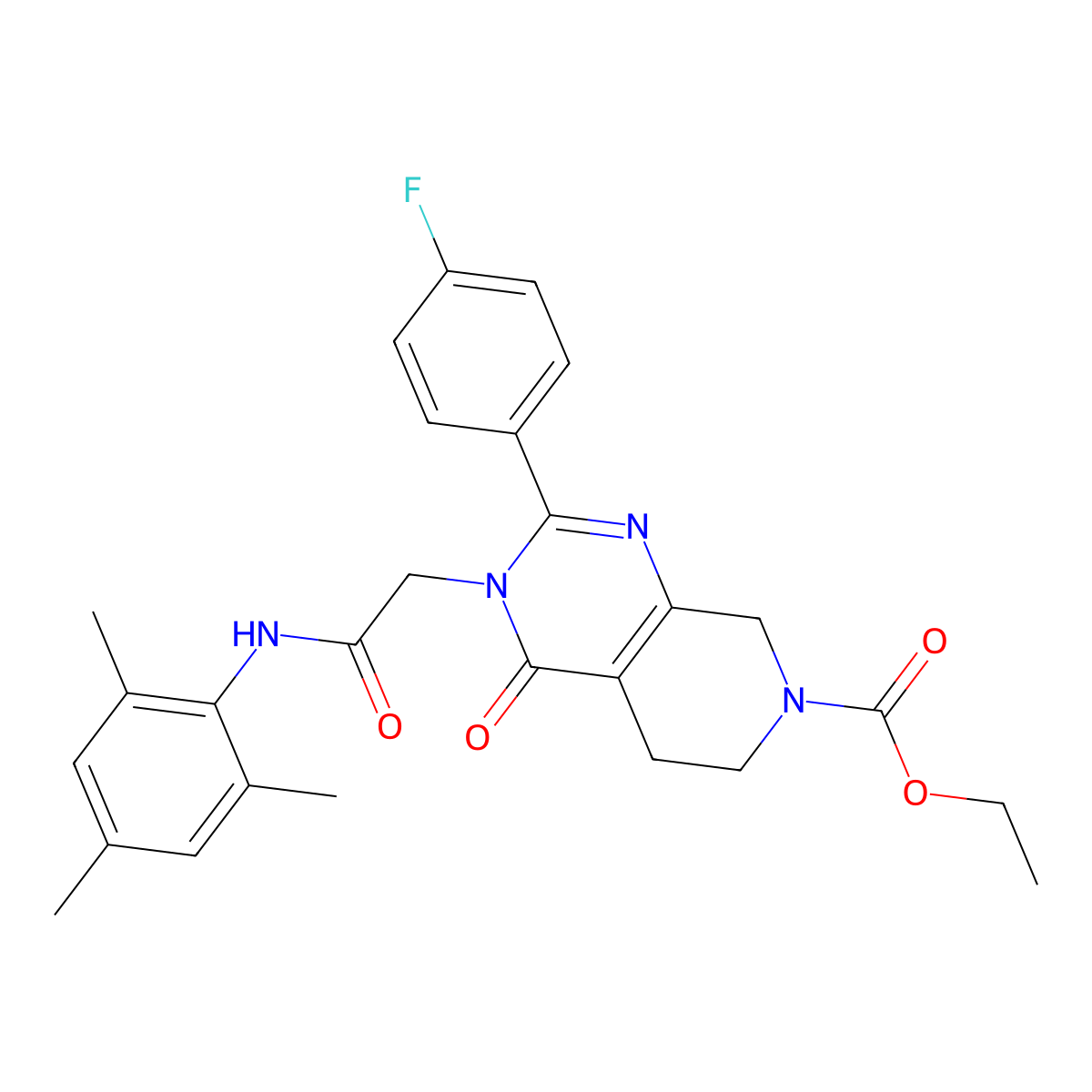 ethyl 2-(4-fluorophenyl)-4-oxo-3-{[(2,4,6-trimethylphenyl)carbamoyl]methyl}-3H,4H,5H,6H,7H,8H-pyrido[3,4-d]pyrimidine-7-carboxylate molecular structure, CAS 1189920-11-3