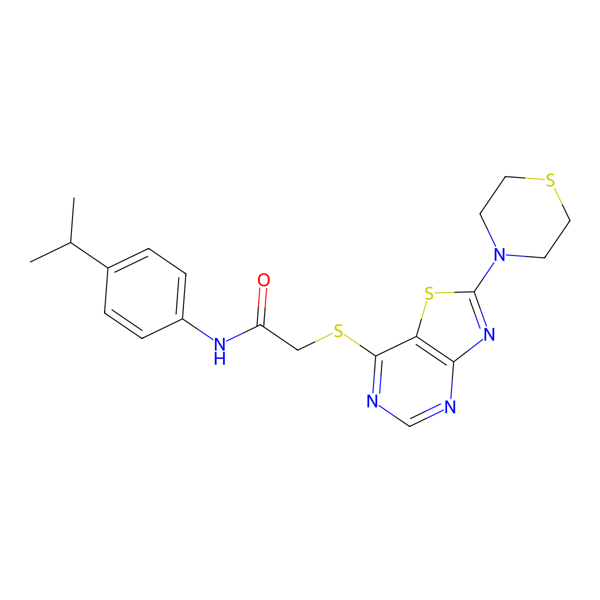 N-(4-isopropylphenyl)-2-((2-thiomorpholinothiazolo[4,5-d]pyrimidin-7-yl)thio)acetamide molecular structure, CAS 1189921-03-6