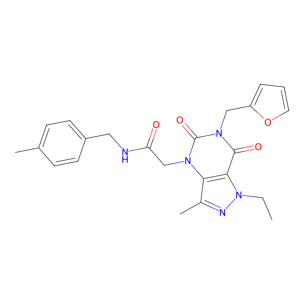 2-(1-ethyl-6-(furan-2-ylmethyl)-3-methyl-5,7-dioxo-6,7-dihydro-1H-pyrazolo[4,3-d]pyrimidin-4(5H)-yl)-N-(4-methylbenzyl)acetamide molecular structure, CAS 1189921-58-1