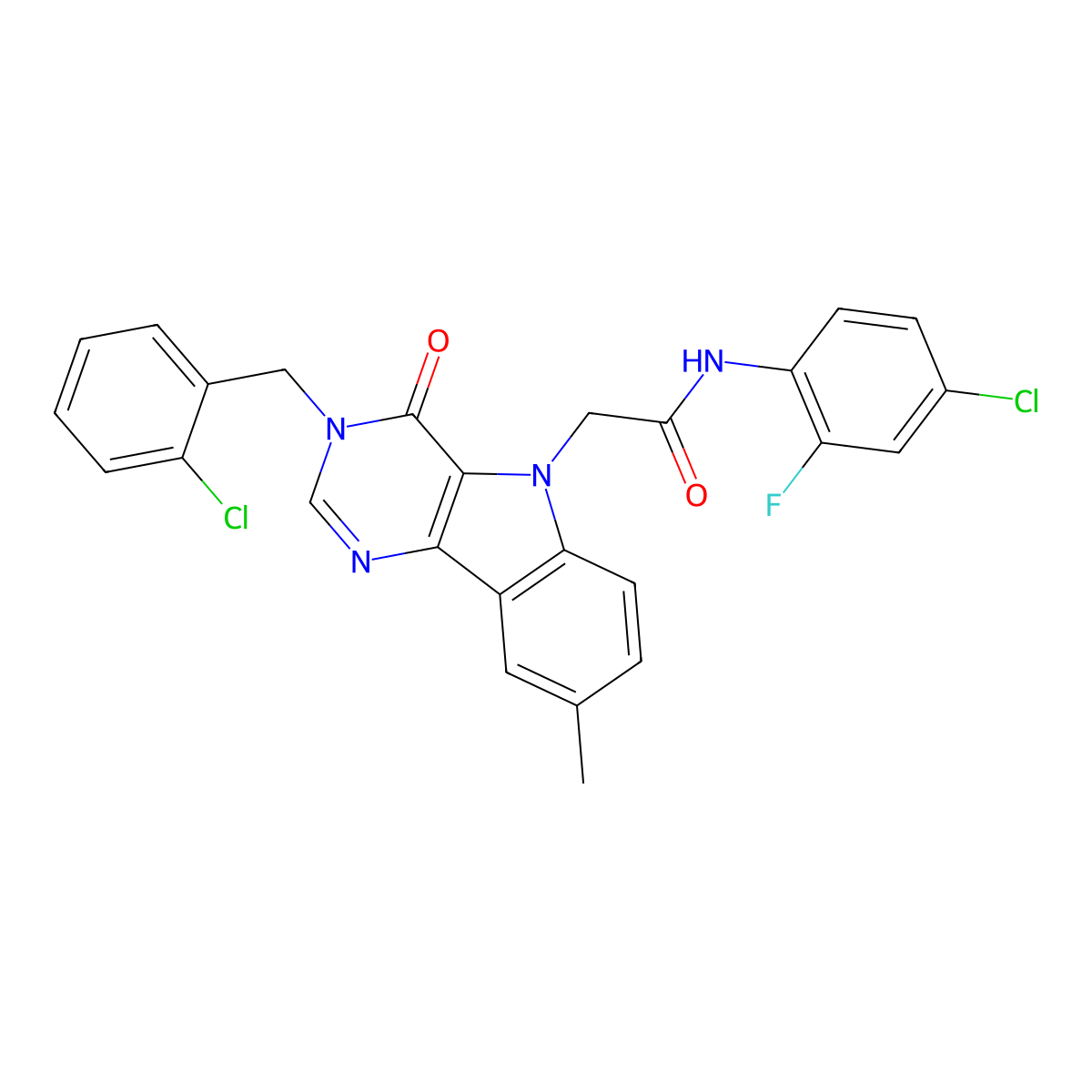 N-(4-chloro-2-fluorophenyl)-2-(3-(2-chlorobenzyl)-8-methyl-4-oxo-3H-pyrimido[5,4-b]indol-5(4H)-yl)acetamide molecular structure, CAS 1189922-46-0