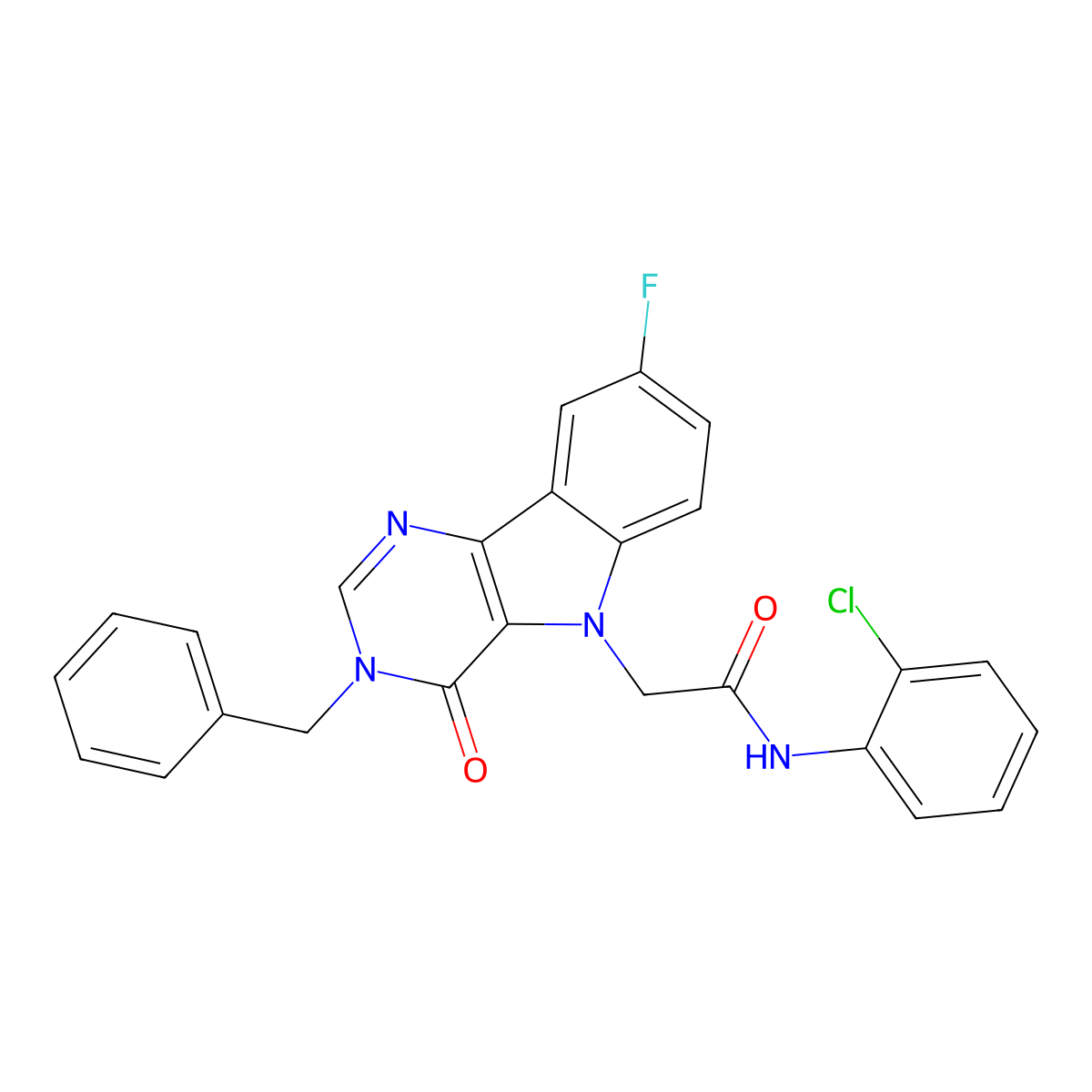 2-(3-benzyl-8-fluoro-4-oxo-3H-pyrimido[5,4-b]indol-5(4H)-yl)-N-(2-chlorophenyl)acetamide molecular structure, CAS 1189926-59-7