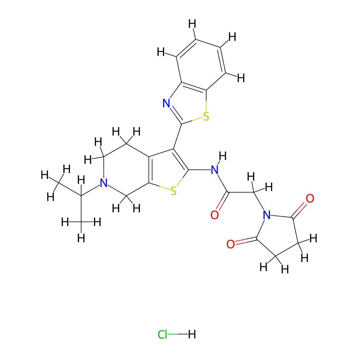 N-(3-(benzo[d]thiazol-2-yl)-6-isopropyl-4,5,6,7-tetrahydrothieno[2,3-c]pyridin-2-yl)-2-(2,5-dioxopyrrolidin-1-yl)acetamide hydrochloride molecular structure, CAS 1189927-07-8