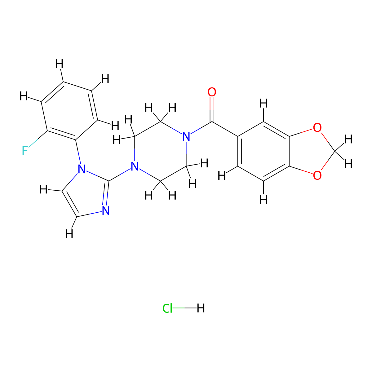 benzo[d][1,3]dioxol-5-yl(4-(1-(2-fluorophenyl)-1H-imidazol-2-yl)piperazin-1-yl)methanone hydrochloride molecular structure, CAS 1189929-42-7