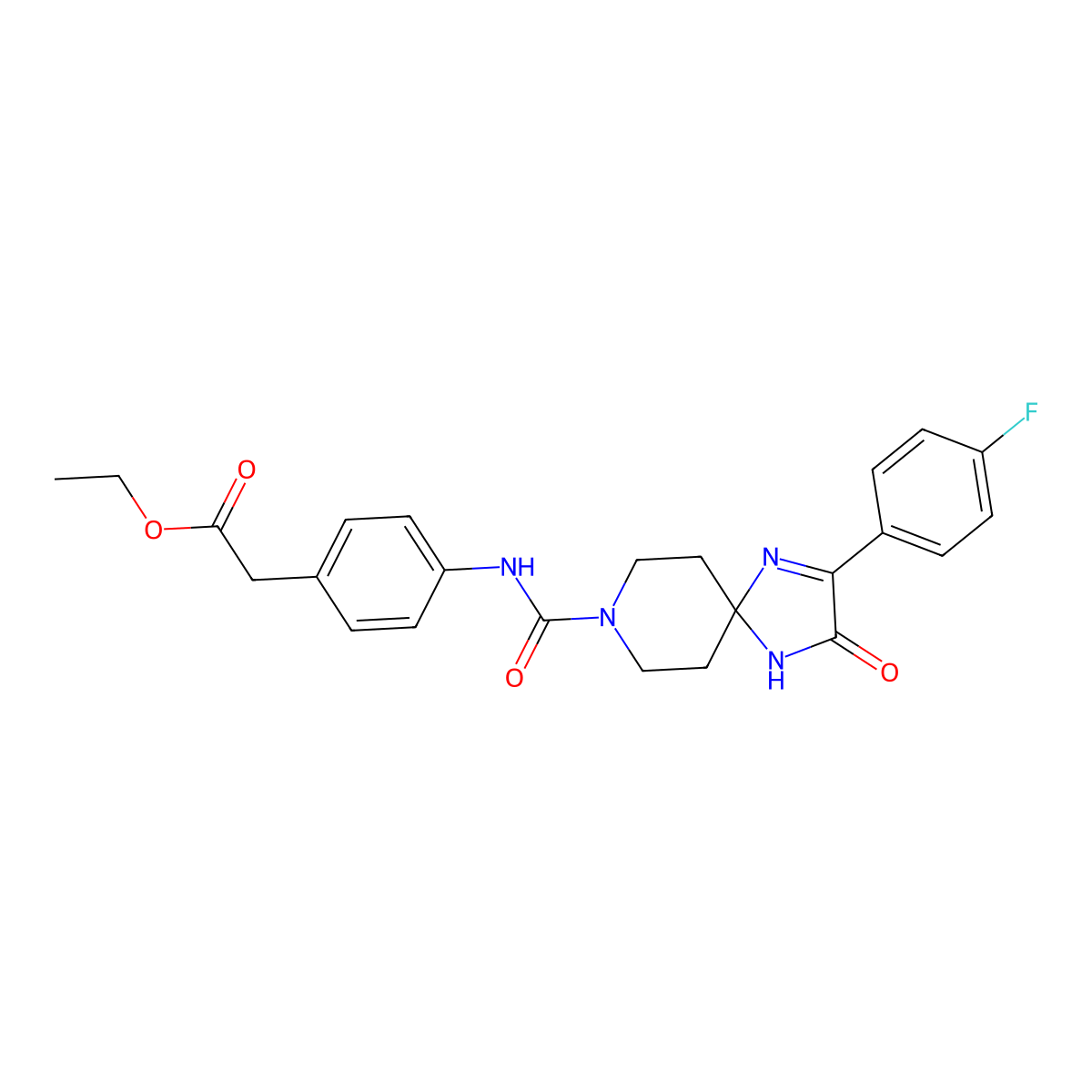Ethyl 2-(4-(2-(4-fluorophenyl)-3-oxo-1,4,8-triazaspiro[4.5]dec-1-ene-8-carboxamido)phenyl)acetate molecular structure, CAS 1189929-78-9