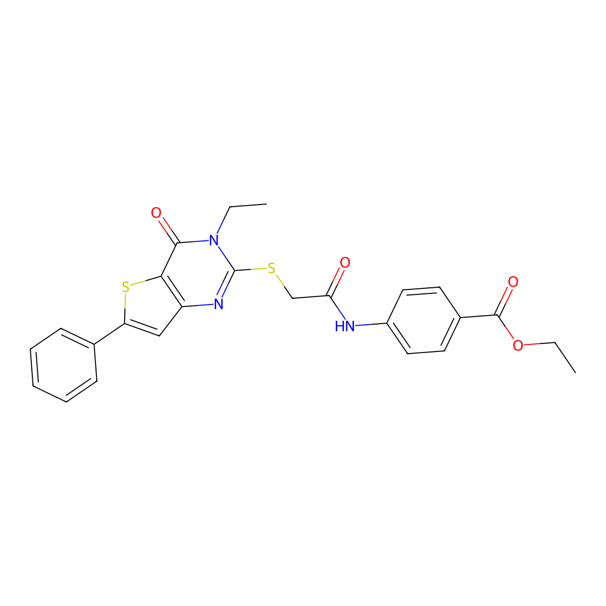 Ethyl 4-(2-((3-ethyl-4-oxo-6-phenyl-3,4-dihydrothieno[3,2-d]pyrimidin-2-yl)thio)acetamido)benzoate molecular structure, CAS 1189933-34-3