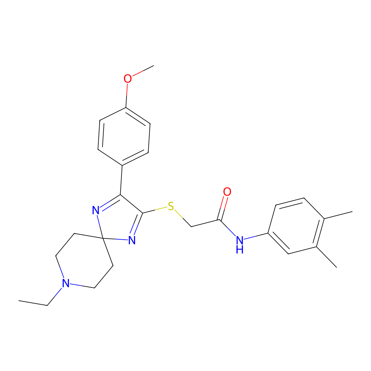 N-(3,4-dimethylphenyl)-2-((8-ethyl-3-(4-methoxyphenyl)-1,4,8-triazaspiro[4.5]deca-1,3-dien-2-yl)thio)acetamide molecular structure, CAS 1189933-75-2