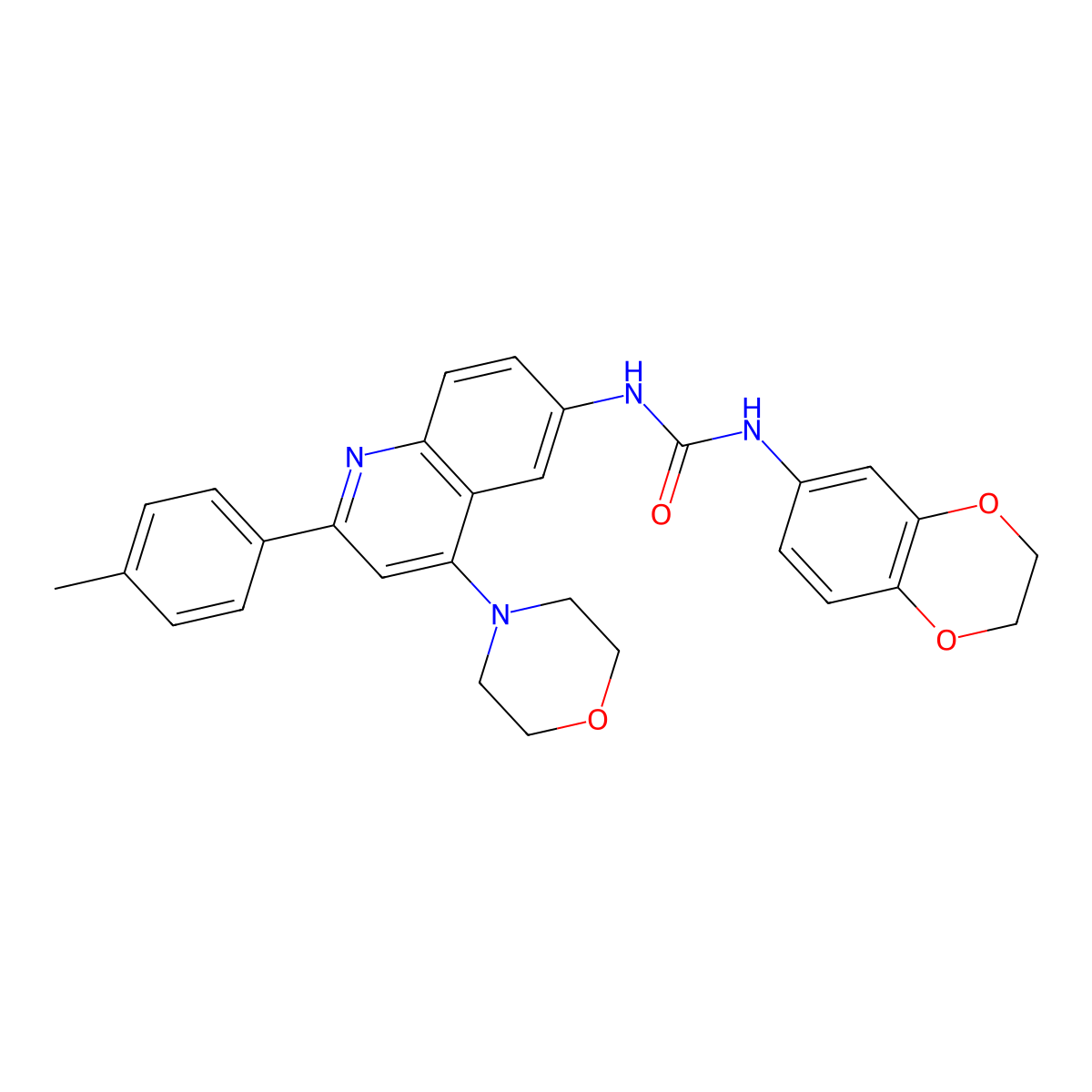 1-(2,3-Dihydrobenzo[b][1,4]dioxin-6-yl)-3-(4-morpholino-2-(p-tolyl)quinolin-6-yl)urea molecular structure, CAS 1189934-32-4