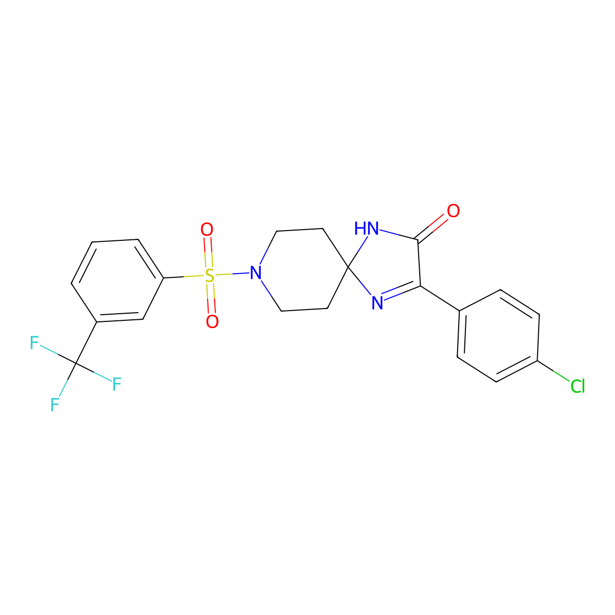 3-(4-Chlorophenyl)-8-((3-(trifluoromethyl)phenyl)sulfonyl)-1,4,8-triazaspiro[4.5]dec-3-en-2-one molecular structure, CAS 1189937-79-8