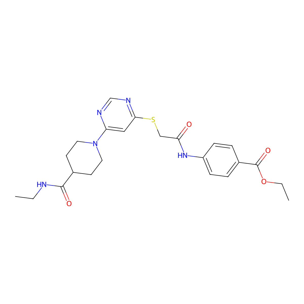 Ethyl 4-(2-((6-(4-(ethylcarbamoyl)piperidin-1-yl)pyrimidin-4-yl)thio)acetamido)benzoate molecular structure, CAS 1189939-67-0