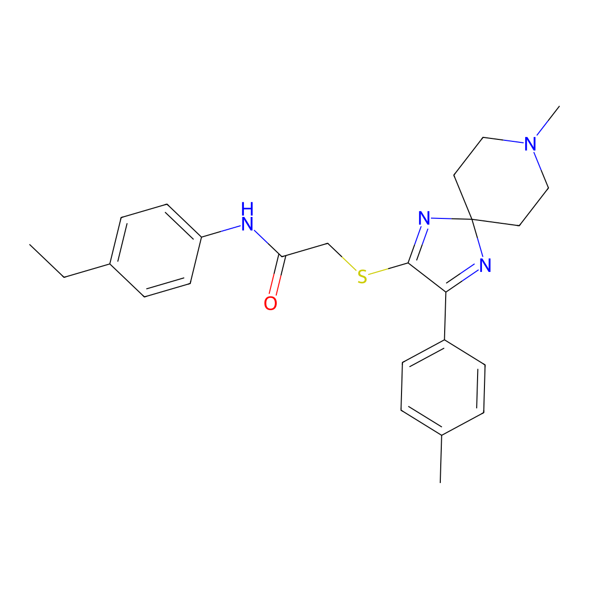 N-(4-ethylphenyl)-2-((8-methyl-3-(p-tolyl)-1,4,8-triazaspiro[4.5]deca-1,3-dien-2-yl)thio)acetamide molecular structure, CAS 1189944-08-8