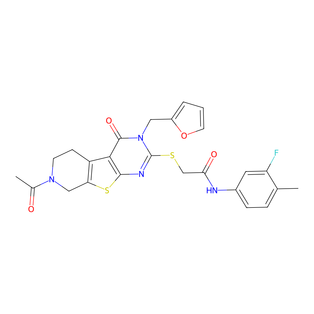 2-((7-acetyl-3-(furan-2-ylmethyl)-4-oxo-3,4,5,6,7,8-hexahydropyrido[4',3':4,5]thieno[2,3-d]pyrimidin-2-yl)thio)-N-(3-fluoro-4-methylphenyl)acetamide molecular structure, CAS 1189947-24-7
