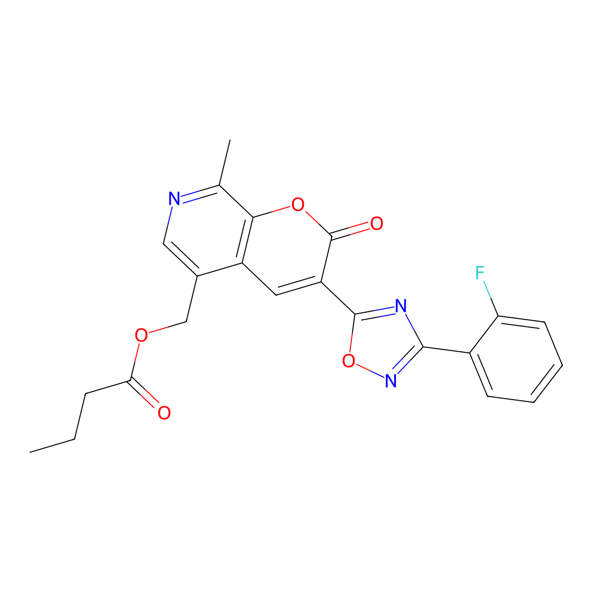 (3-(3-(2-fluorophenyl)-1,2,4-oxadiazol-5-yl)-8-methyl-2-oxo-2H-pyrano[2,3-c]pyridin-5-yl)methyl butyrate molecular structure, CAS 1189947-80-5