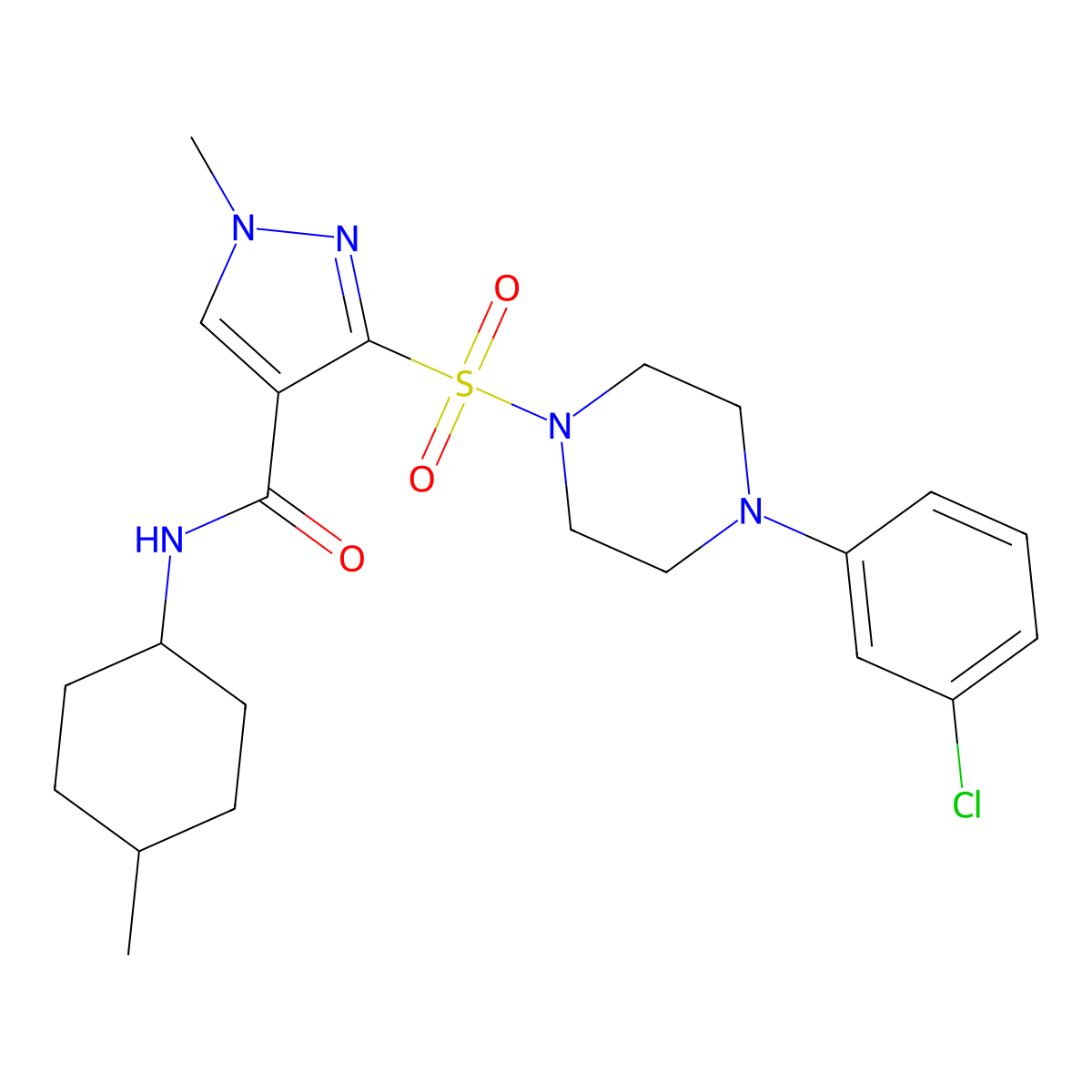 3-[4-(3-chlorophenyl)piperazin-1-yl]sulfonyl-1-methyl-N-(4-methylcyclohexyl)pyrazole-4-carboxamide molecular structure, CAS 1189949-55-0