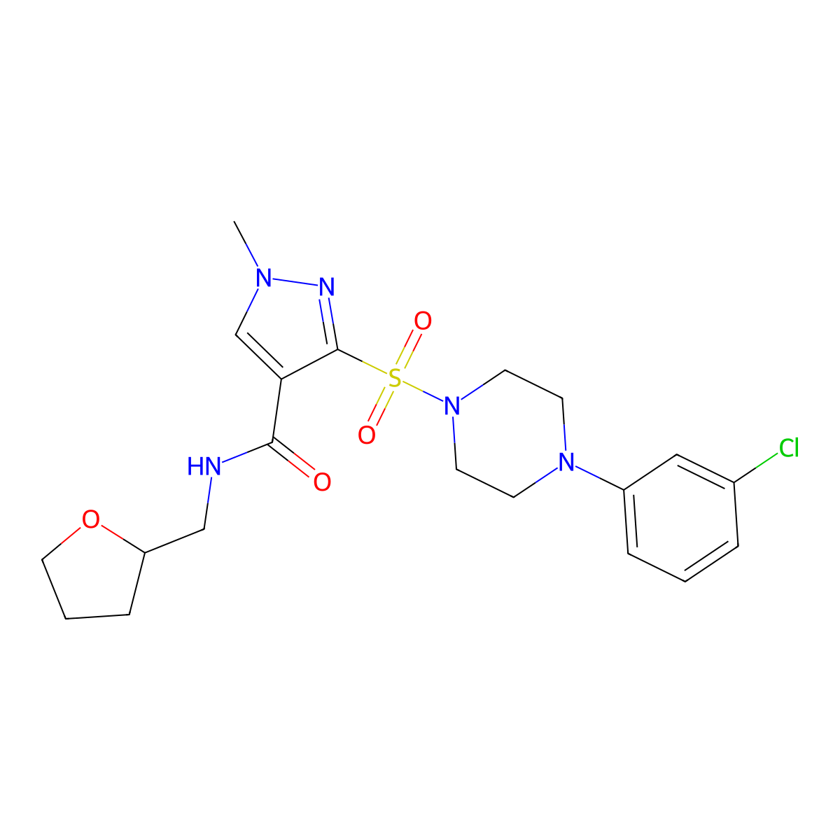 3-((4-(3-chlorophenyl)piperazin-1-yl)sulfonyl)-1-methyl-N-((tetrahydrofuran-2-yl)methyl)-1H-pyrazole-4-carboxamide molecular structure, CAS 1189949-76-5