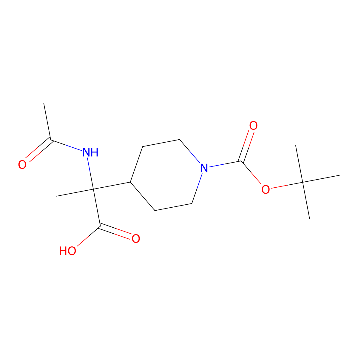2-Acetamido-2-(1-(tert-butoxycarbonyl)piperidin-4-YL)propanoic acid molecular structure, CAS 1189950-95-5