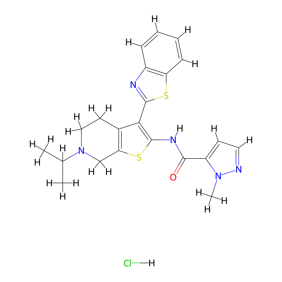 N-(3-(benzo[d]thiazol-2-yl)-6-isopropyl-4,5,6,7-tetrahydrothieno[2,3-c]pyridin-2-yl)-1-methyl-1H-pyrazole-5-carboxamide hydrochloride molecular structure, CAS 1189952-49-5