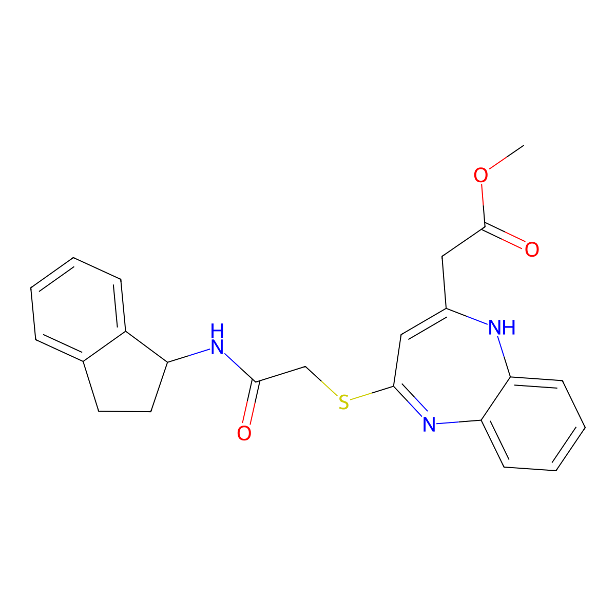 methyl 2-(4-((2-((2,3-dihydro-1H-inden-1-yl)amino)-2-oxoethyl)thio)-1H-benzo[b][1,4]diazepin-2-yl)acetate molecular structure, CAS 1189954-43-5
