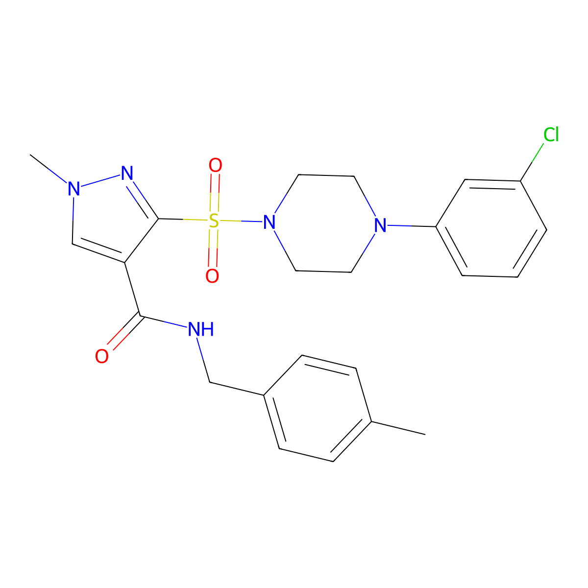 3-{[4-(3-chlorophenyl)piperazin-1-yl]sulfonyl}-1-methyl-N-[(4-methylphenyl)methyl]-1H-pyrazole-4-carboxamide molecular structure, CAS 1189956-50-0