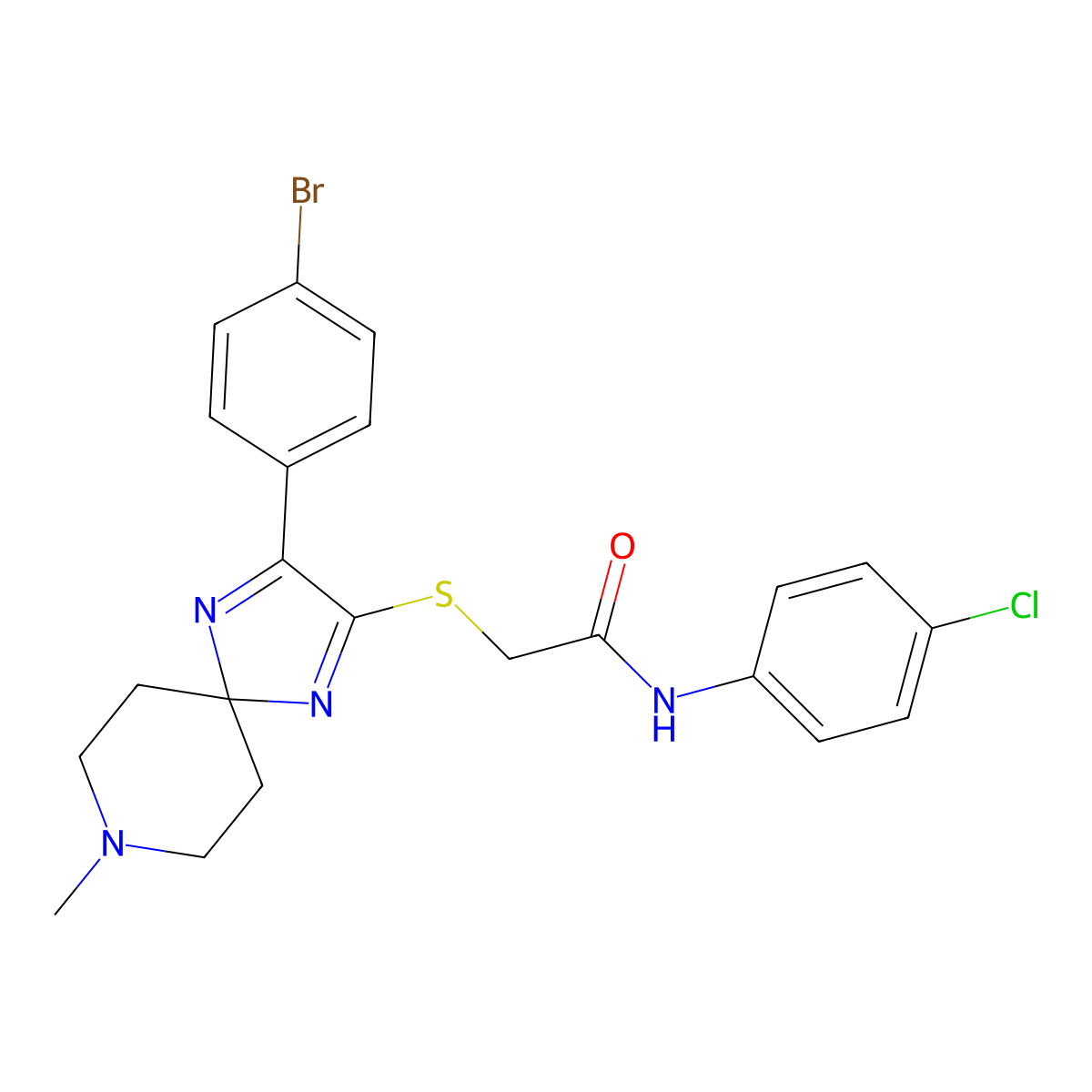 2-((3-(4-bromophenyl)-8-methyl-1,4,8-triazaspiro[4.5]deca-1,3-dien-2-yl)thio)-N-(4-chlorophenyl)acetamide molecular structure, CAS 1189956-86-2