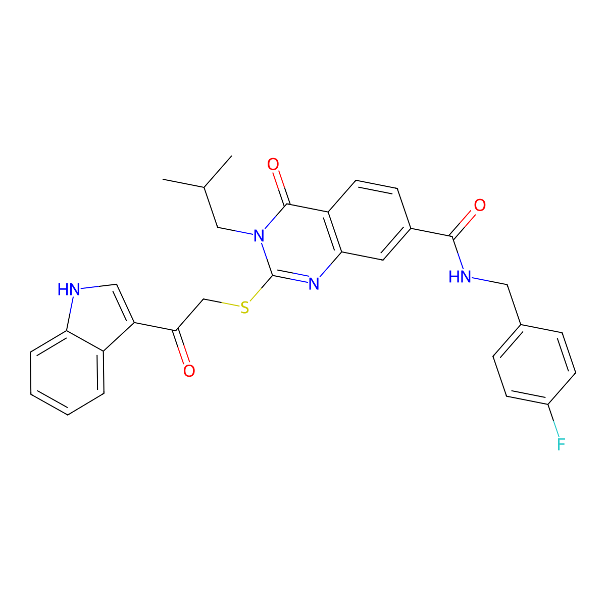 N-[(4-fluorophenyl)methyl]-2-{[2-(1H-indol-3-yl)-2-oxoethyl]sulfanyl}-3-(2-methylpropyl)-4-oxo-3,4-dihydroquinazoline-7-carboxamide molecular structure, CAS 1189956-95-3