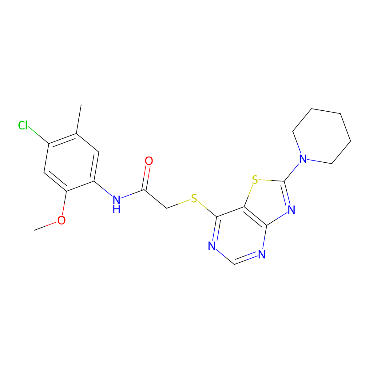 N-(4-chloro-2-methoxy-5-methylphenyl)-2-((2-(piperidin-1-yl)thiazolo[4,5-d]pyrimidin-7-yl)thio)acetamide molecular structure, CAS 1189957-24-1