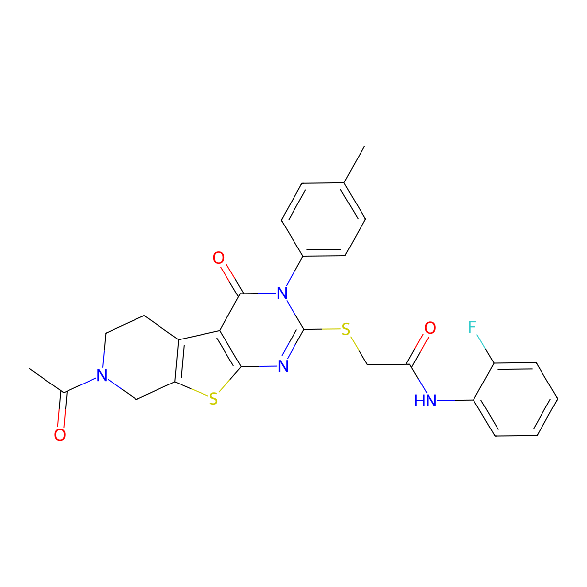 2-{[11-acetyl-4-(4-methylphenyl)-3-oxo-8-thia-4,6,11-triazatricyclo[7.4.0.0^{2,7}]trideca-1(9),2(7),5-trien-5-yl]sulfanyl}-N-(2-fluorophenyl)acetamide molecular structure, CAS 1189958-55-1