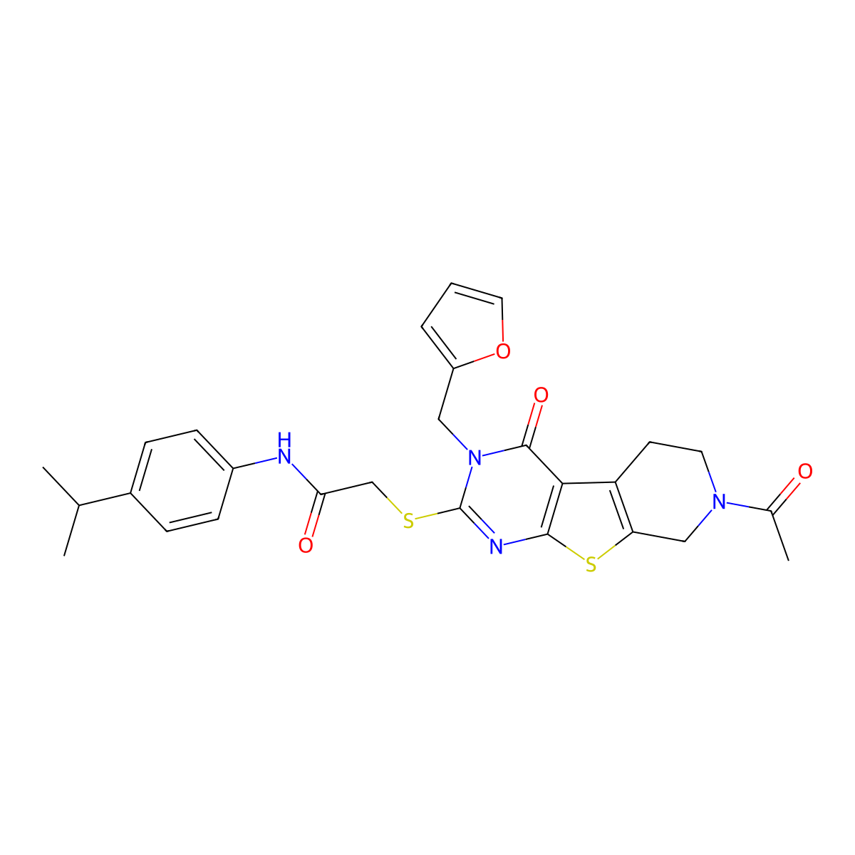 2-({11-acetyl-4-[(furan-2-yl)methyl]-3-oxo-8-thia-4,6,11-triazatricyclo[7.4.0.0^{2,7}]trideca-1(9),2(7),5-trien-5-yl}sulfanyl)-N-[4-(propan-2-yl)phenyl]acetamide molecular structure, CAS 1189958-75-5
