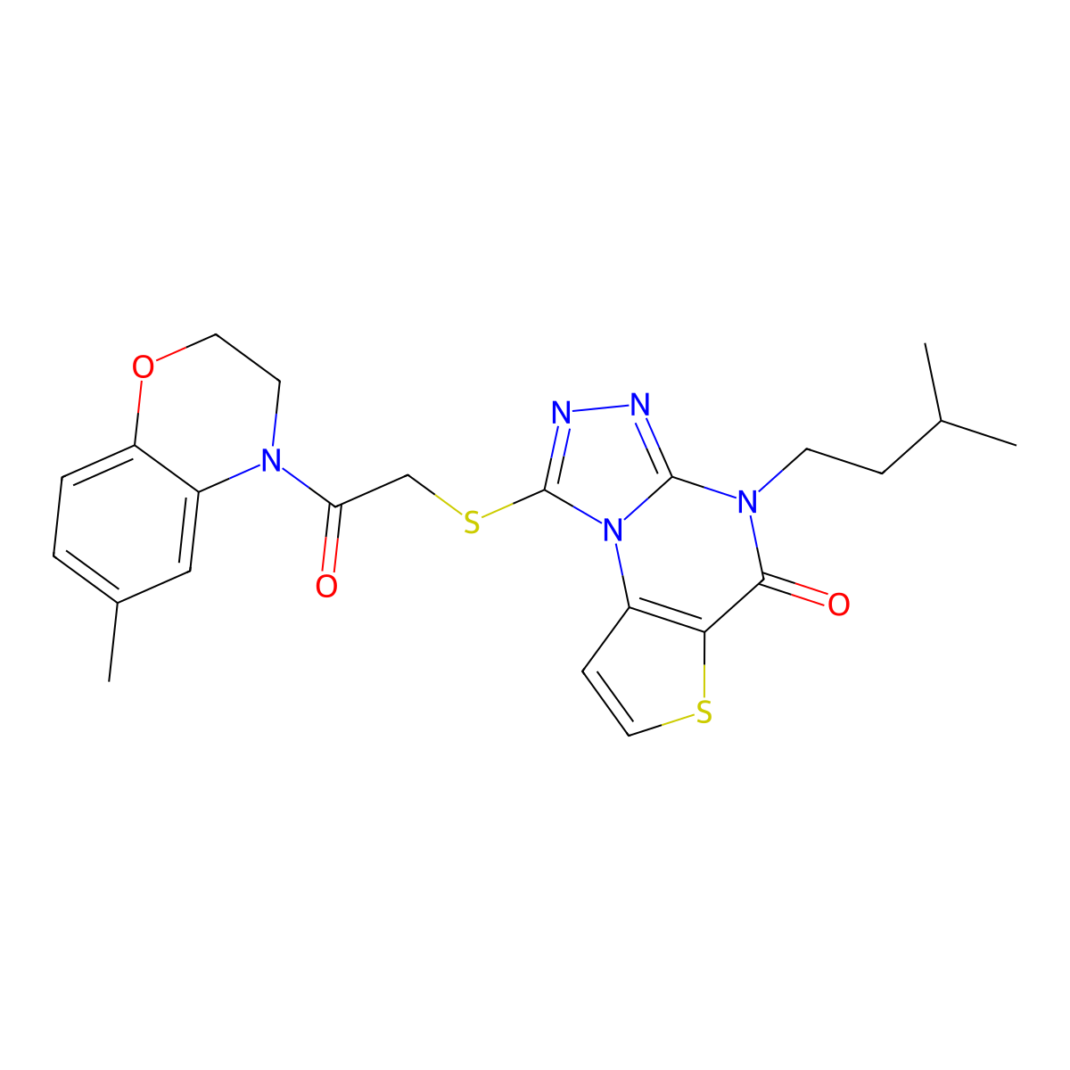 4-isopentyl-1-((2-(6-methyl-2H-benzo[b][1,4]oxazin-4(3H)-yl)-2-oxoethyl)thio)thieno[2,3-e][1,2,4]triazolo[4,3-a]pyrimidin-5(4H)-one molecular structure, CAS 1189959-06-5