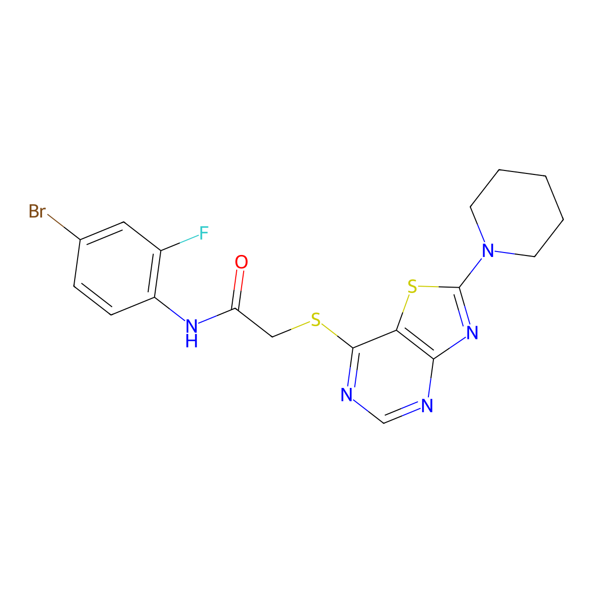 N-(4-bromo-2-fluorophenyl)-2-((2-(piperidin-1-yl)thiazolo[4,5-d]pyrimidin-7-yl)thio)acetamide molecular structure, CAS 1189959-32-7