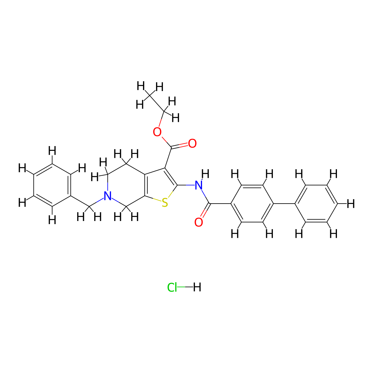 Ethyl 2-([1,1'-biphenyl]-4-ylcarboxamido)-6-benzyl-4,5,6,7-tetrahydrothieno[2,3-c]pyridine-3-carboxylate hydrochloride molecular structure, CAS 1189959-37-2