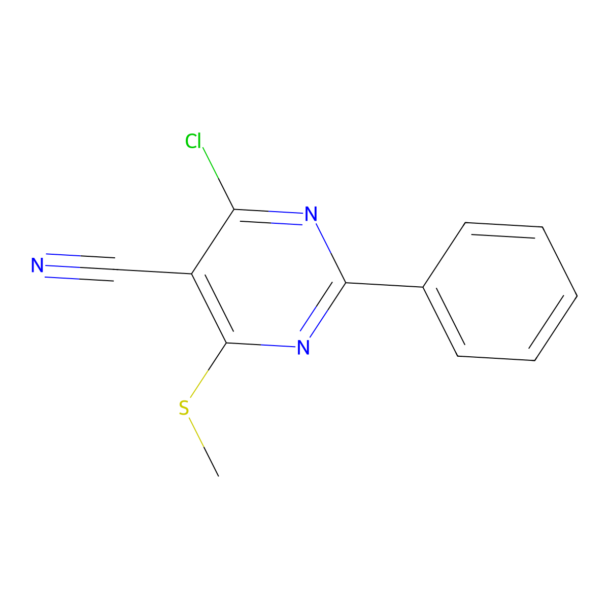 4-Chloro-6-(methylthio)-2-phenylpyrimidine-5-carbonitrile molecular structure, CAS 118996-61-5