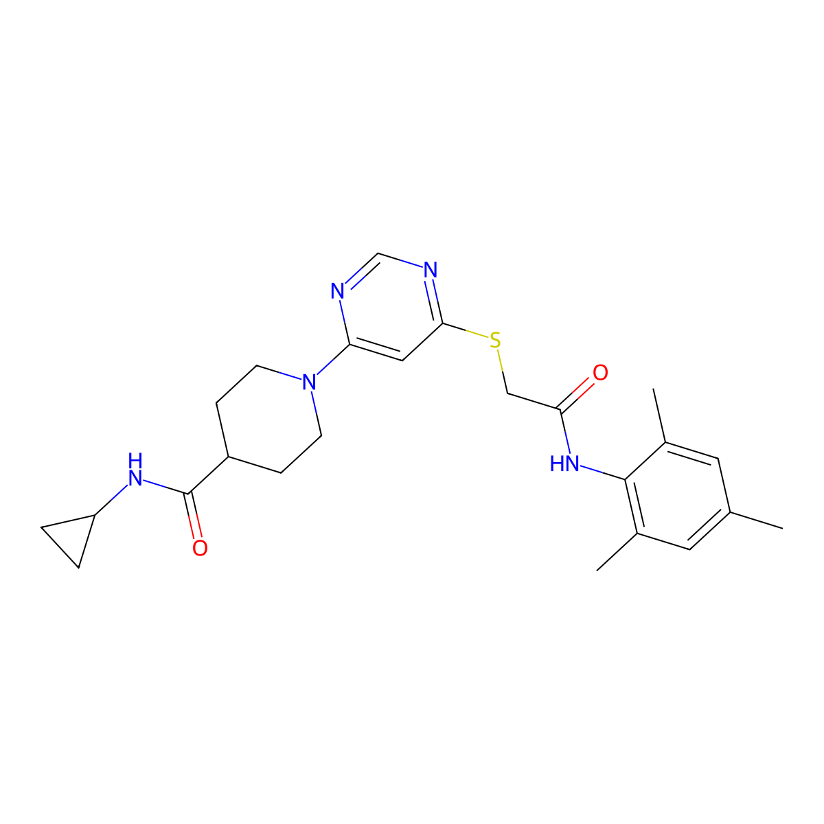 N-cyclopropyl-1-[6-({[(2,4,6-trimethylphenyl)carbamoyl]methyl}sulfanyl)pyrimidin-4-yl]piperidine-4-carboxamide molecular structure, CAS 1189961-08-7