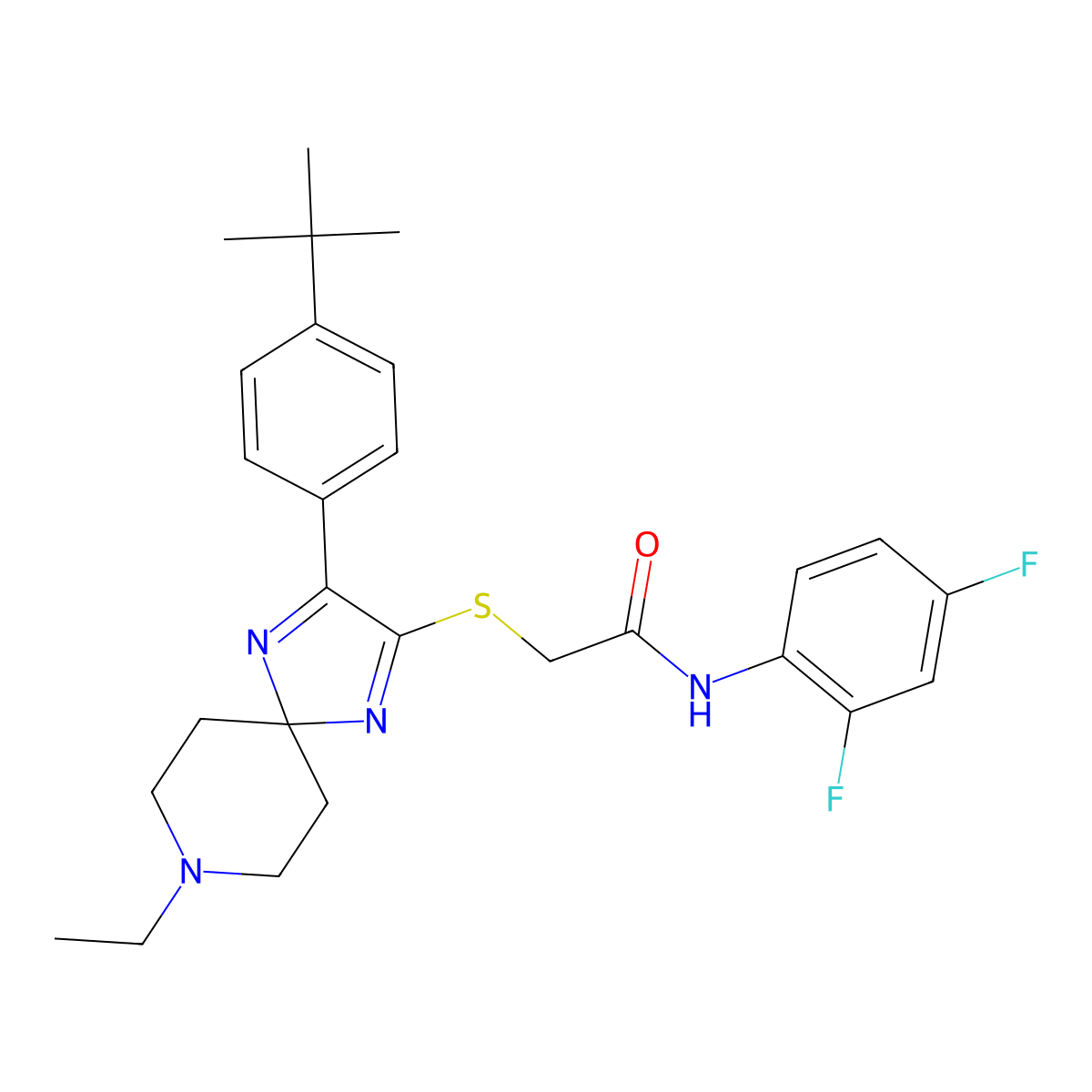 2-((3-(4-(tert-butyl)phenyl)-8-ethyl-1,4,8-triazaspiro[4.5]deca-1,3-dien-2-yl)thio)-N-(2,4-difluorophenyl)acetamide molecular structure, CAS 1189966-64-0