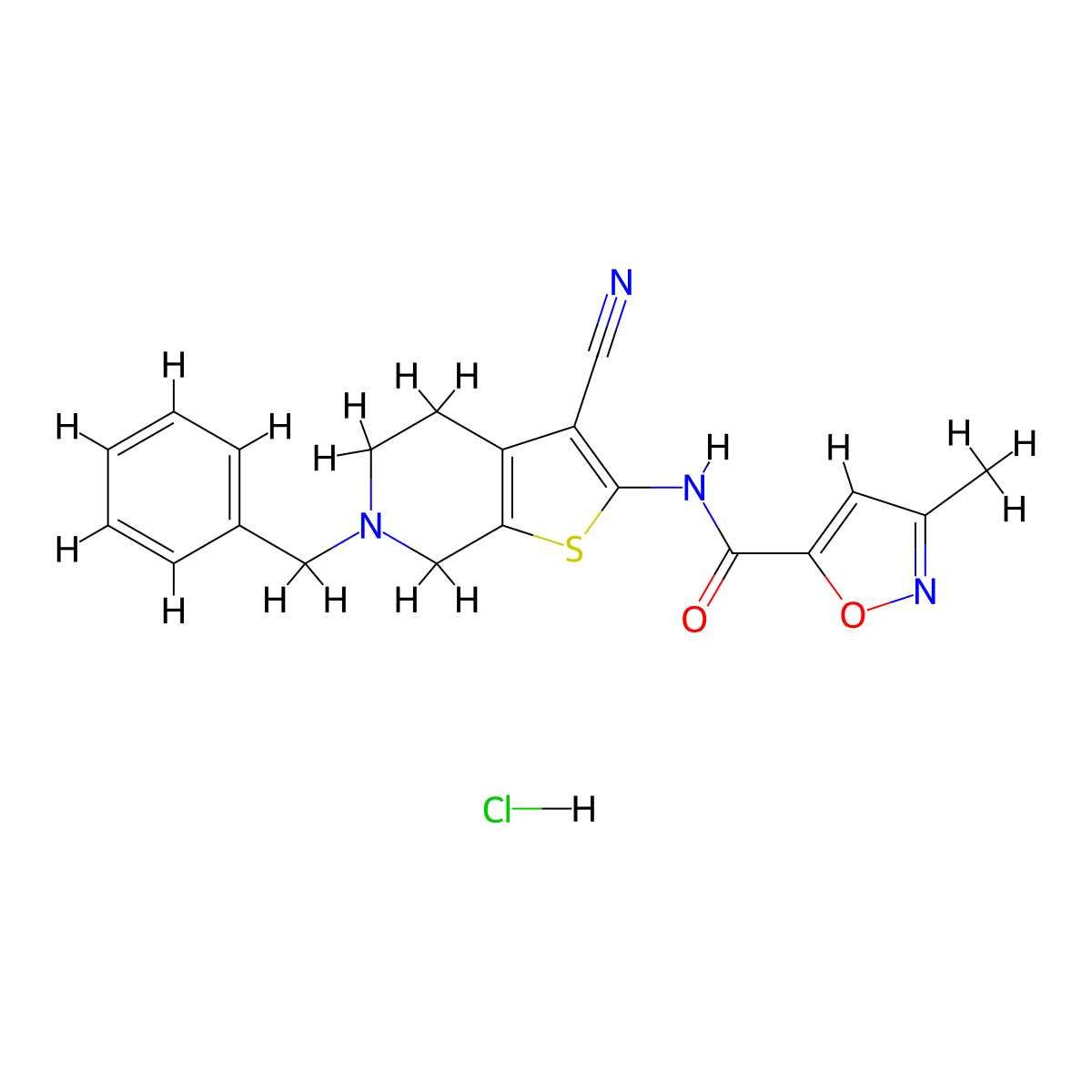 N-(6-benzyl-3-cyano-4,5,6,7-tetrahydrothieno[2,3-c]pyridin-2-yl)-3-methylisoxazole-5-carboxamide hydrochloride molecular structure, CAS 1189970-43-1