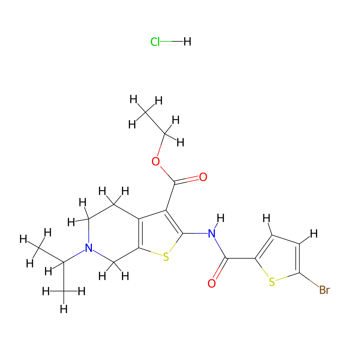 Ethyl 2-(5-bromothiophene-2-carboxamido)-6-isopropyl-4,5,6,7-tetrahydrothieno[2,3-c]pyridine-3-carboxylate hydrochloride molecular structure, CAS 1189974-42-2
