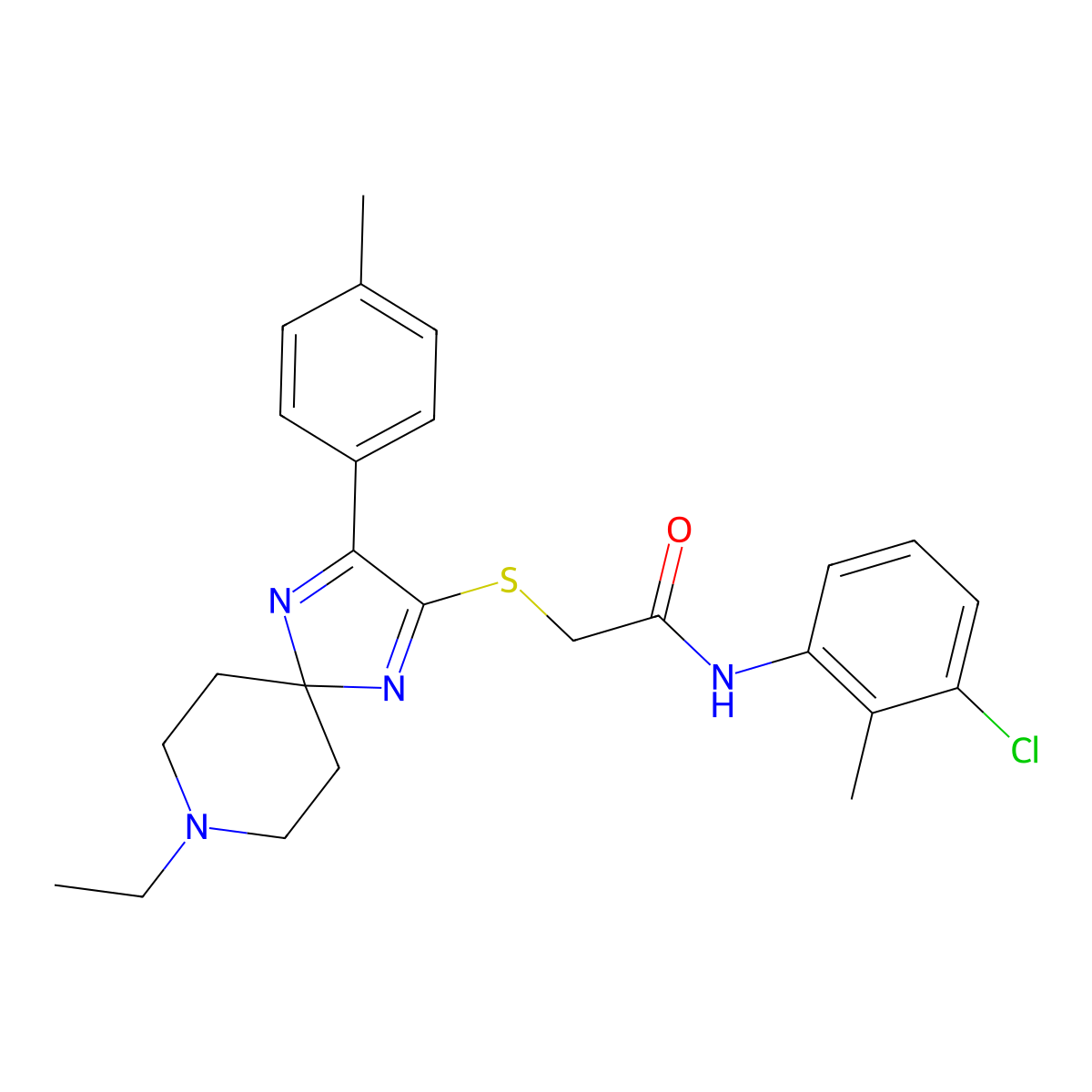 N-(3-chloro-2-methylphenyl)-2-((8-ethyl-3-(p-tolyl)-1,4,8-triazaspiro[4.5]deca-1,3-dien-2-yl)thio)acetamide molecular structure, CAS 1189980-71-9
