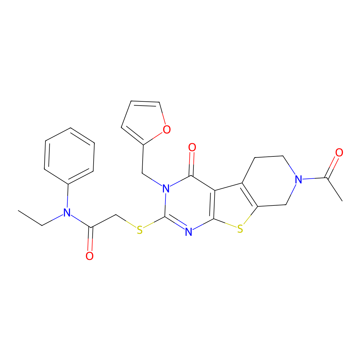 2-({11-acetyl-4-[(furan-2-yl)methyl]-3-oxo-8-thia-4,6,11-triazatricyclo[7.4.0.0^{2,7}]trideca-1(9),2(7),5-trien-5-yl}sulfanyl)-N-ethyl-N-phenylacetamide molecular structure, CAS 1189980-89-9