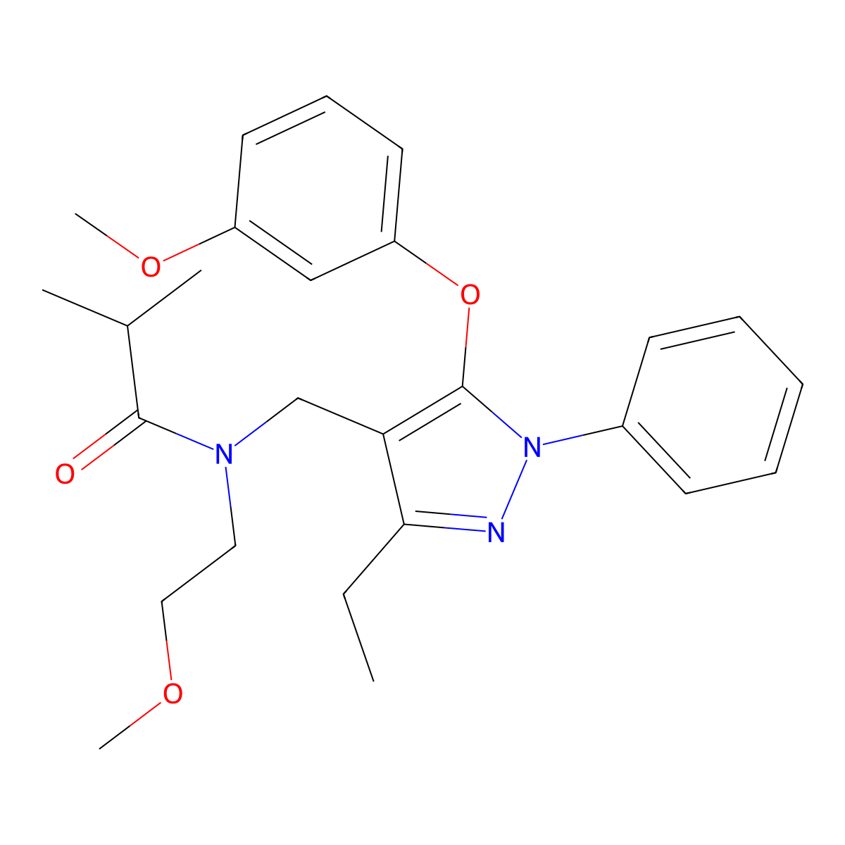N~1~-{[3-ethyl-5-(3-methoxyphenoxy)-1-phenyl-1H-pyrazol-4-yl]methyl}-N~1~-(2-methoxyethyl)-2-methylpropanamide molecular structure, CAS 1189981-67-6