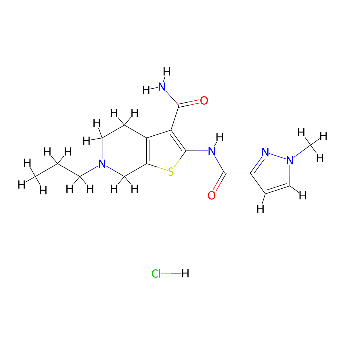2-(1-methyl-1H-pyrazole-3-carboxamido)-6-propyl-4,5,6,7-tetrahydrothieno[2,3-c]pyridine-3-carboxamide hydrochloride molecular structure, CAS 1189981-73-4