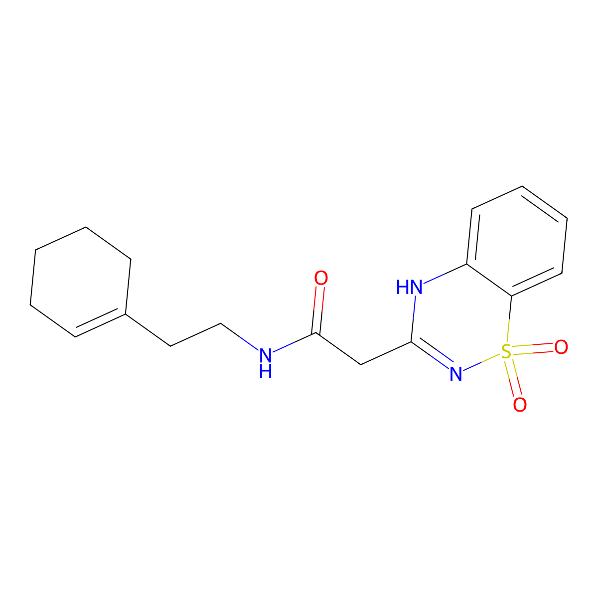 N-(2-(cyclohex-1-en-1-yl)ethyl)-2-(1,1-dioxido-2H-benzo[e][1,2,4]thiadiazin-3-yl)acetamide molecular structure, CAS 1189986-12-6