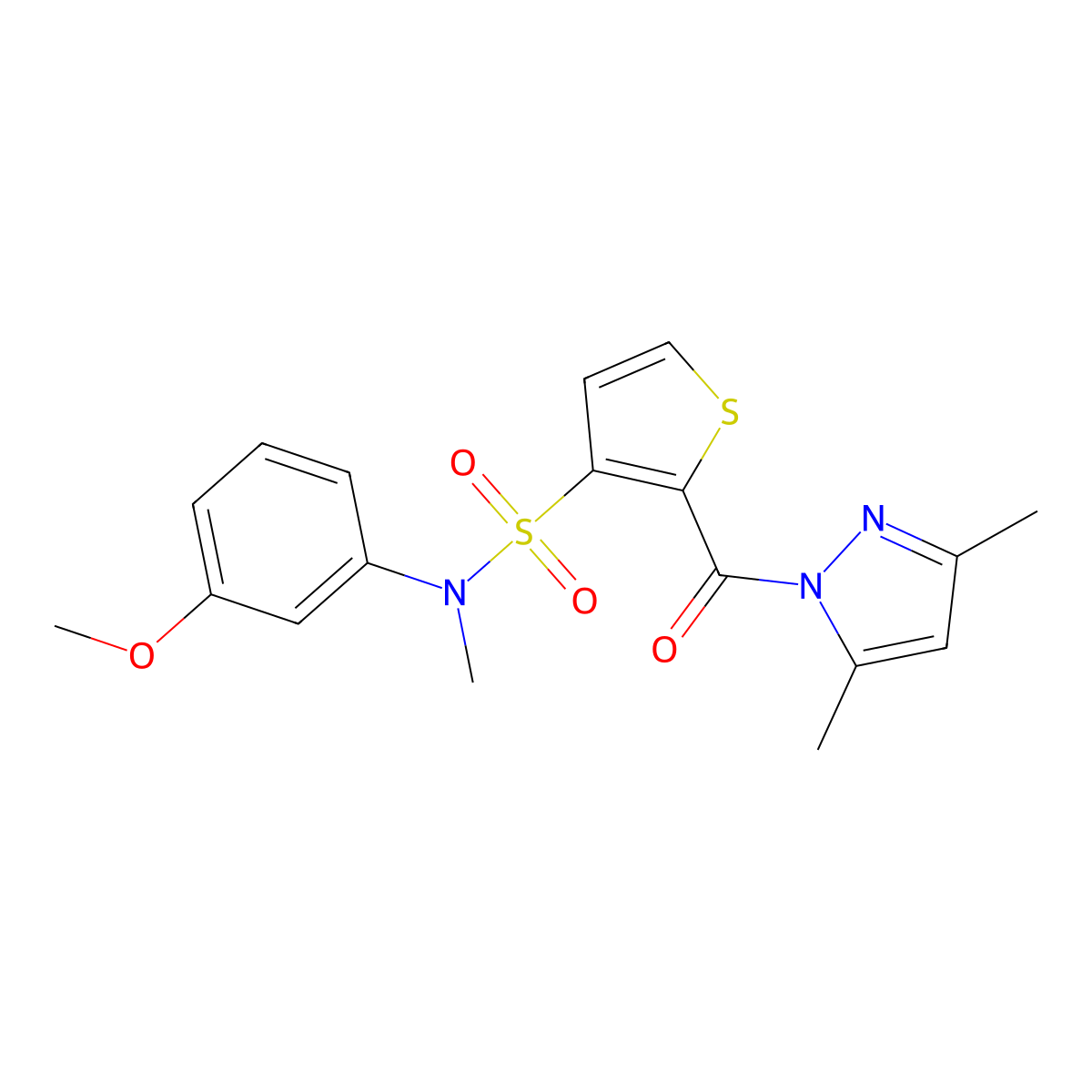 2-(3,5-dimethyl-1H-pyrazole-1-carbonyl)-N-(3-methoxyphenyl)-N-methylthiophene-3-sulfonamide molecular structure, CAS 1189986-43-3